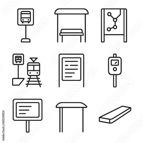 Public Transport Icons. Line style icons of Public Transport Stops: bus stop pole, shelter bench, route map panel, tram stop
