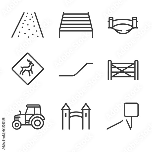 Rural Road Icons. Line style icons of Rural Road Features: gravel road, cattle grid, single-lane bridge, field gate, wildlife