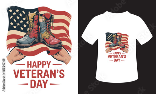 Happy veterans day american flag and combat boots design with t shirt mockup