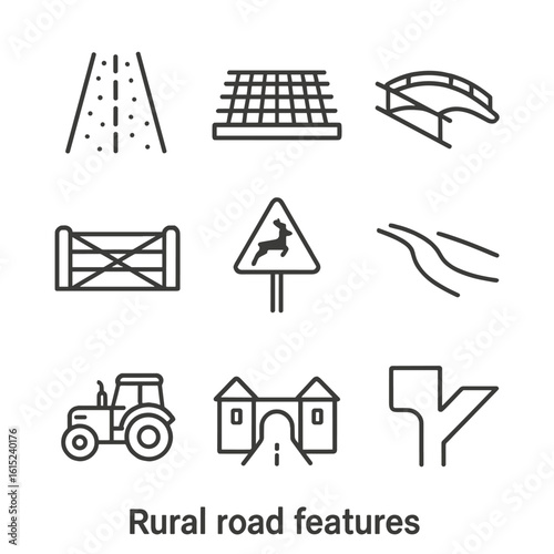 Rural Road Icons. Line style icons of Rural Road Features: gravel road, cattle grid, single-lane bridge, field gate, wildlife