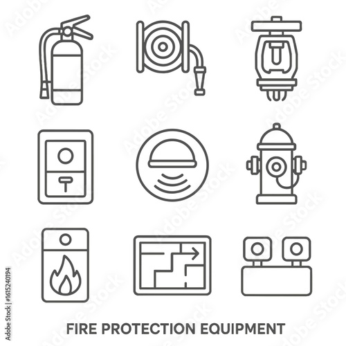 Fire Safety Icons. Line style icons of Fire Protection Equipment: fire extinguisher, fire hose reel, sprinkler head, fire alarm