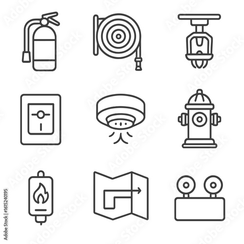 Fire Safety Icons. Line style icons of Fire Protection Equipment: fire extinguisher, fire hose reel, sprinkler head, fire alarm