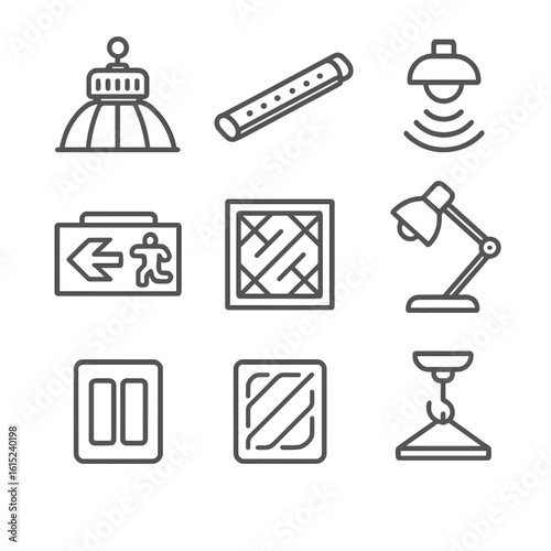 Warehouse Lighting Icons. Line style icons of Warehouse Lighting Fixtures: high bay light, LED strip, motion sensor, emergency