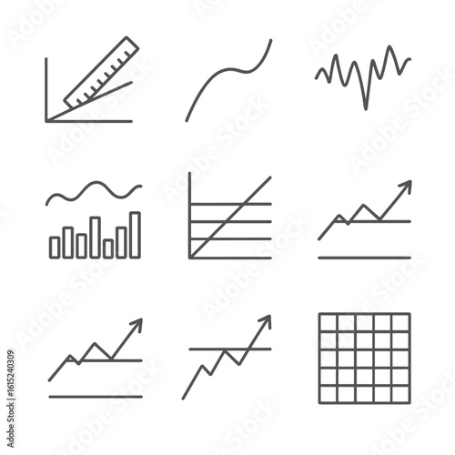 Technical Analysis Icons. Line style icons of Technical Analysis Tools: trendline ruler, moving average curve, RSI oscillator,