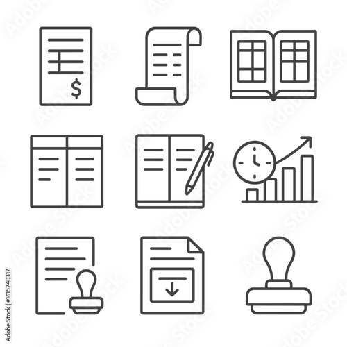Accounting Icons Set. Line style icons of Accounting Documents: invoice paper, receipt roll, ledger book, trial balance, journal