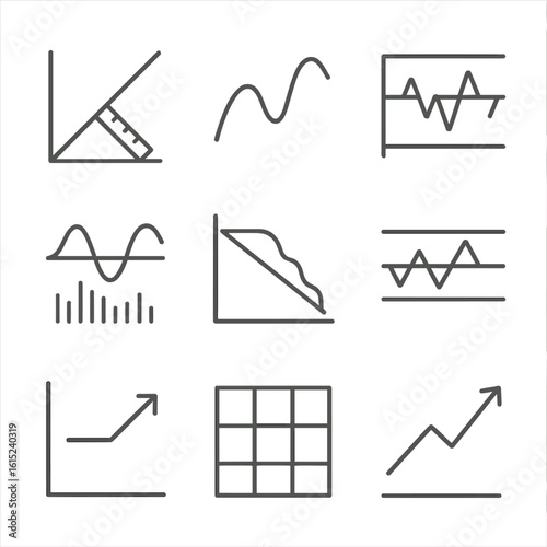 Technical Analysis Icons. Line style icons of Technical Analysis Tools: trendline ruler, moving average curve, RSI oscillator,