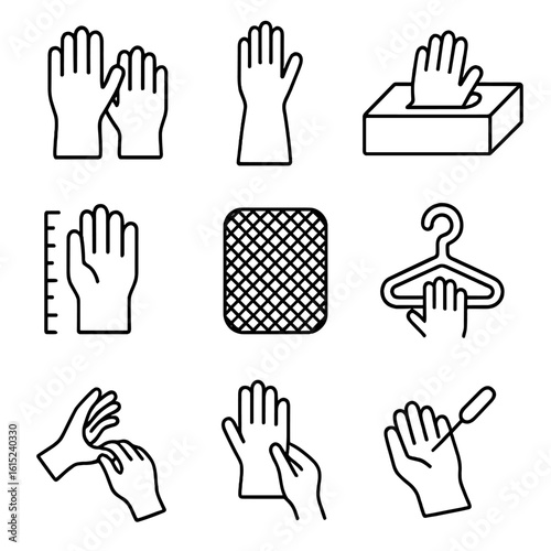 Hand Protection Icon Set. Line style icons of Hand Protection Gloves: nitrile glove pair, chemical-resistant gauntlet, disposable