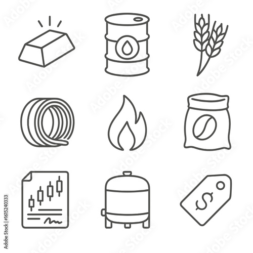 Commodity Trading Icons. Line style icons of Commodity Trading: gold bar, crude oil barrel, wheat sheaf, copper coil, natural gas