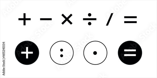 Black mathematical symbols plus minus multiply divide slash and equals signs plus sign minus sign