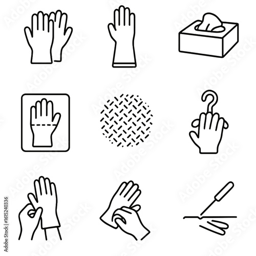 Hand Protection Icon Set. Line style icons of Hand Protection Gloves: nitrile glove pair, chemical-resistant gauntlet, disposable