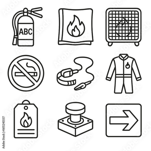 Fire Safety Icons. Line style icons of Fire Prevention Measures: ABC extinguisher, fire blanket, spark arrest screen, no-smoking