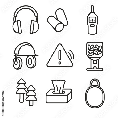 Noise Gear Icons. Line style icons of Noise Protection Gear: earmuff headset, foam earplug pair, decibel meter, helmet-mount
