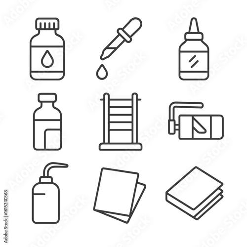 Staining Reagents Icons. Line style icons of Staining Reagents: crystal violet bottle, iodine solution dropper, decolorizer