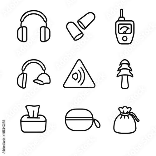 Noise Gear Icons. Line style icons of Noise Protection Gear: earmuff headset, foam earplug pair, decibel meter, helmet-mount