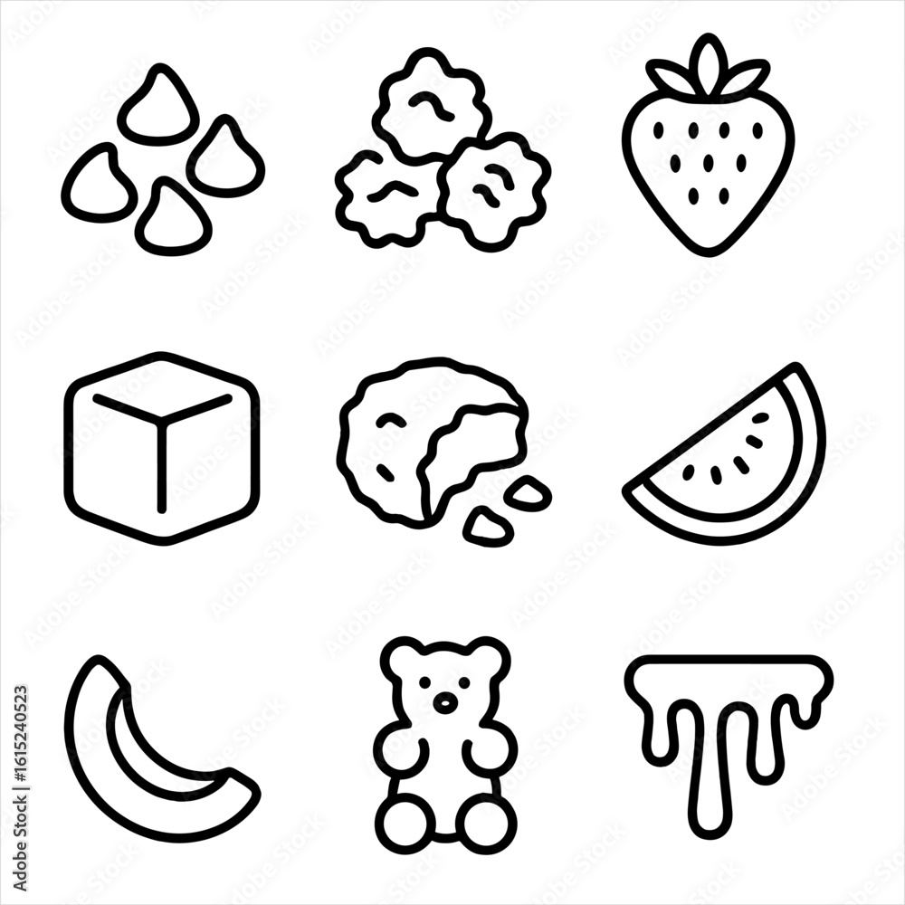 Naklejka premium Frozen Yogurt Toppings Icons. Line style icons of Frozen Yogurt Toppings: chocolate chips, granola cluster, fresh strawberry,