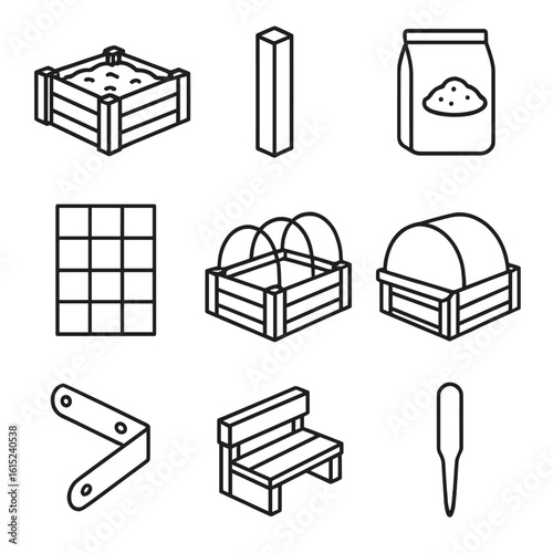 Raised Bed Gardening Icons. Line style icons of Raised Bed Gardening: wooden raised bed, corner post, soil mix bag, trellis panel,