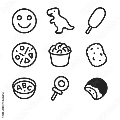Frozen Food Icons. Line style icons of Frozen Kid-Friendly Foods: smiley fries, dinosaur nugget, mini corn dog, cheese pizza bite,