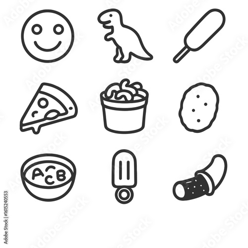 Frozen Food Icons. Line style icons of Frozen Kid-Friendly Foods: smiley fries, dinosaur nugget, mini corn dog, cheese pizza bite,