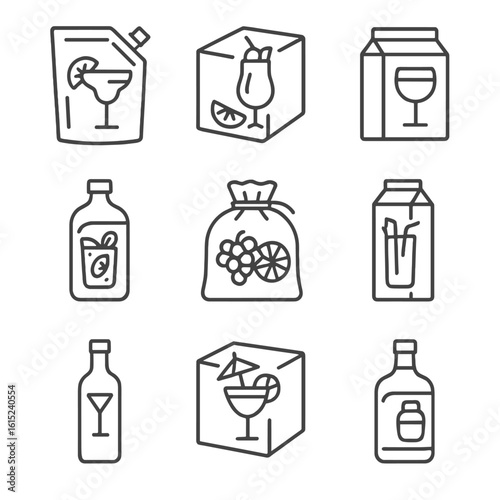 Frozen Cocktail Icons. Line style icons of Frozen Cocktail Mixes: margarita mix pouch, piña colada cube, daiquiri blend, mojito