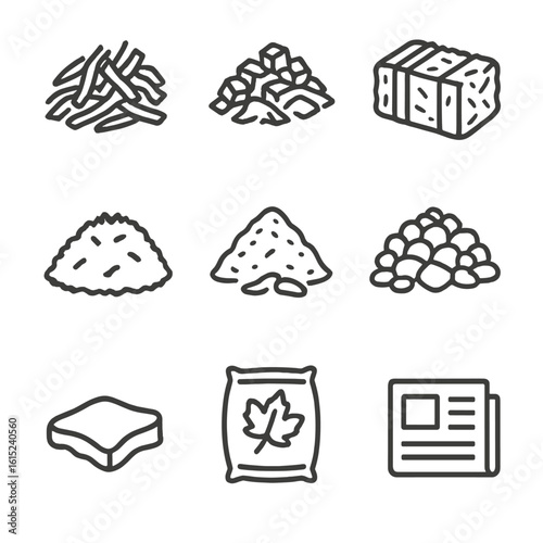 Mulching Material Icons. Line style icons of Mulching Materials: shredded bark, wood chips, straw bale, grass clipping mound,