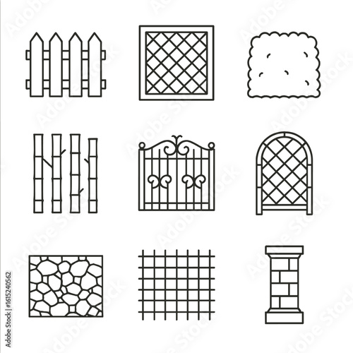Fence Icons Collection. Line style icons of Fences and Screens: picket fence panel, lattice screen, privacy hedge, bamboo screen,