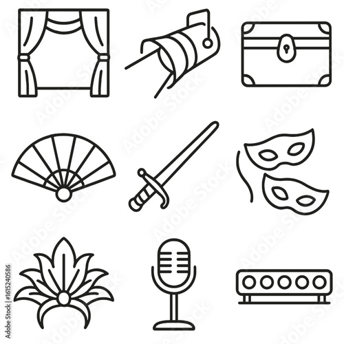 Stage Performance Icons. Line style icons of Stage Performance Props: velvet curtain, spotlight beam, costume trunk, handheld fan