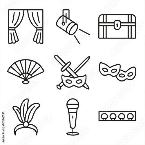 Stage Performance Icons. Line style icons of Stage Performance Props: velvet curtain, spotlight beam, costume trunk, handheld fan