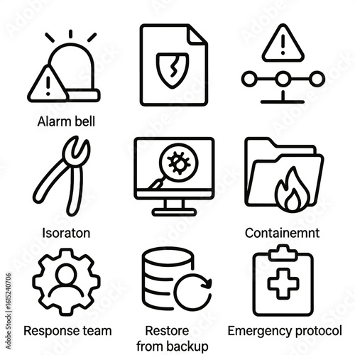 Incident Response Icons. Line style icons of incident response: alarm bell with triangle, breach report file, incident timeline