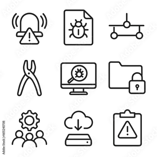 Incident Response Icons. Line style icons of incident response: alarm bell with triangle, breach report file, incident timeline