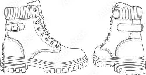 Flat vector technical illustration of ankle lace-up boots with buckle strap and padded collar, side view CAD drawing for fashion design