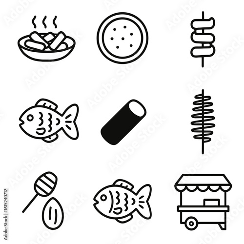 Korean Street Snack Icons. Line style icons of Korean Street Snacks: tteokbokki rice cake, hotteok pancake, fish cake skewer,