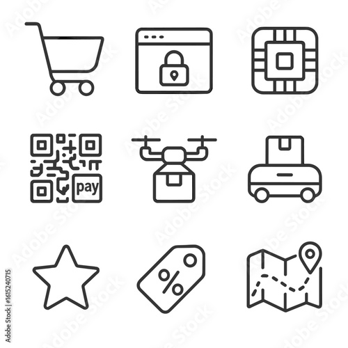 E-Commerce Tech Icons. Line style icons of E-Commerce Technology: shopping cart, payment gateway, credit card chip, QR pay code,