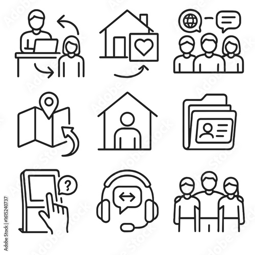 Refugee Support Icons. Line style icons of refugee and migrant support: integration help desk, housing help station, multilingual