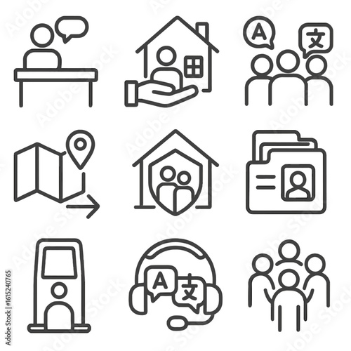 Refugee Support Icons. Line style icons of refugee and migrant support: integration help desk, housing help station, multilingual