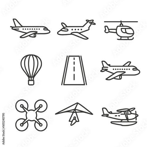 Air Transport Icons. Line style icons of air transportation: passenger airplane, private jet, helicopter, hot air balloon, cargo