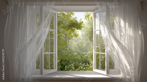 Open window with white curtains blowing in wind, view of green trees outside