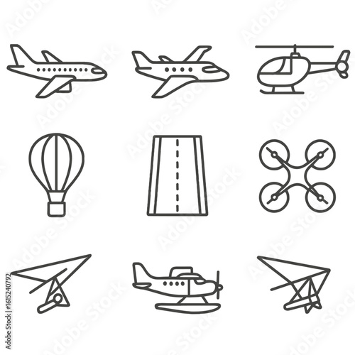 Air Transport Icons. Line style icons of air transportation: passenger airplane, private jet, helicopter, hot air balloon, cargo