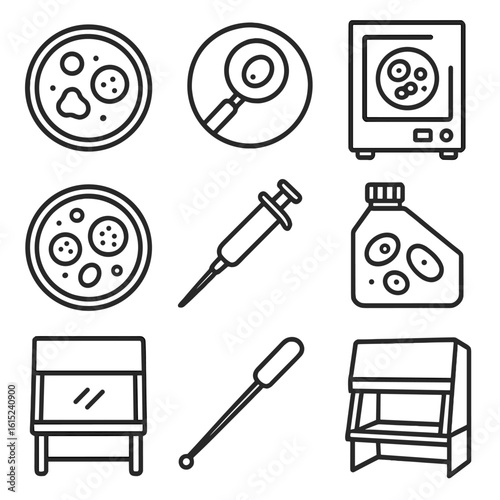 Microbiology Tools Icons. Line style icons of biology and microbiology tools: petri dish with culture, microscope view icon,