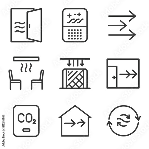 Ventilation Line Icons. Line style icons of ventilation and air quality in distancing: open window icon, air purifier device,