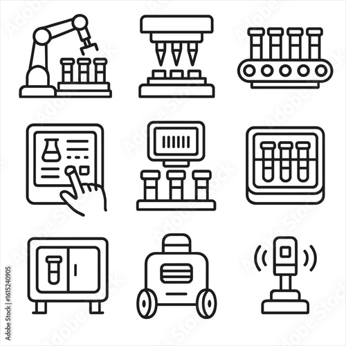 Lab Automation Icons. Line style icons of lab automation and robotics: robotic arm handling samples, automated pipetting machine,