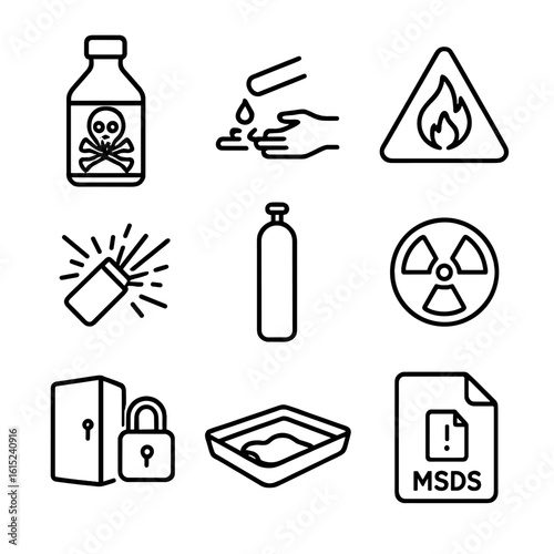 Chemical Safety Icons. Line style icons of hazardous materials and chemical safety: toxic label on bottle, corrosive symbol icon,