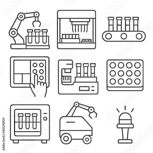 Lab Automation Icons. Line style icons of lab automation and robotics: robotic arm handling samples, automated pipetting machine,
