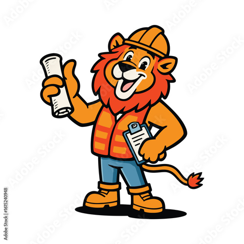Lion mascot as construction worker holding blueprints vector