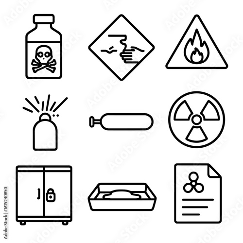 Chemical Safety Icons. Line style icons of hazardous materials and chemical safety: toxic label on bottle, corrosive symbol icon,