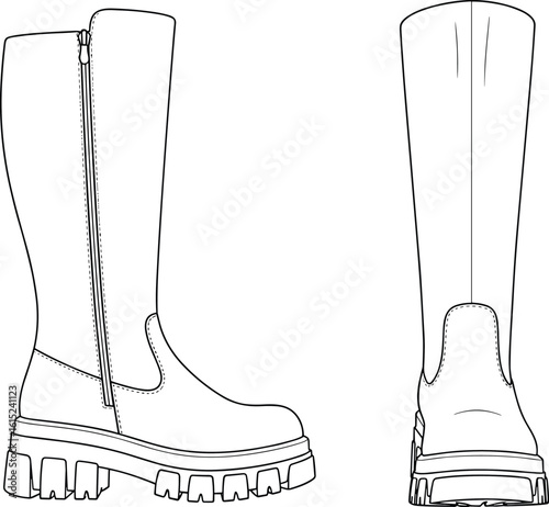 Flat vector technical illustration of chunky sole knee-high fashion boot with zipper, front and side CAD drawing for footwear design