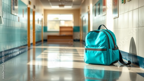 A clean school corridor with a backpack standing on the floor. Rays of light illuminate the space, creating an atmosphere of the beginning of the semester. School season.