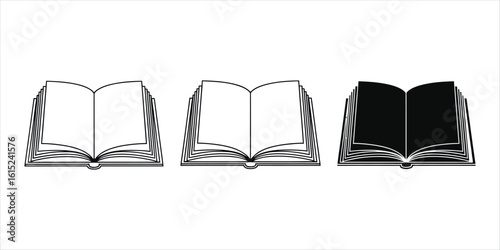 Three open books in black and white line art and solid black silhouette reading literature