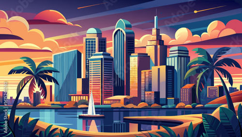 The San Diego, California skyline sparkles along the Pacific Coast. Semi-realistic art captures harbor waters, swaying palms, and modern towers under a glowing coastal sky.