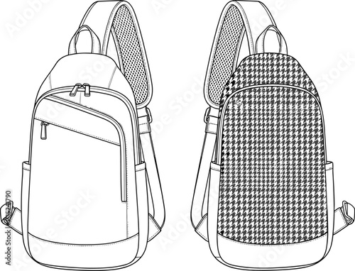 Flat vector technical illustration of modern crossbody sling backpack with zipper pocket, houndstooth pattern, front and back CAD view