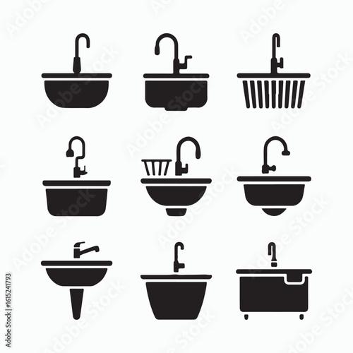 Modern Sink Icon Set in Solid Style for Kitchen and Bathroom Design
